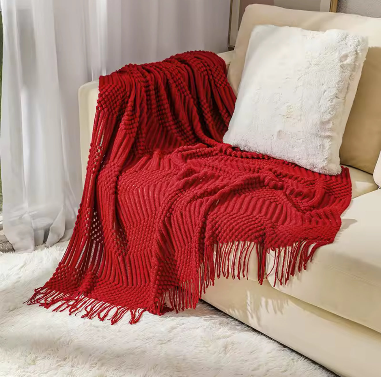Luxury Vintage Knitted Throw Blanket with Tassel