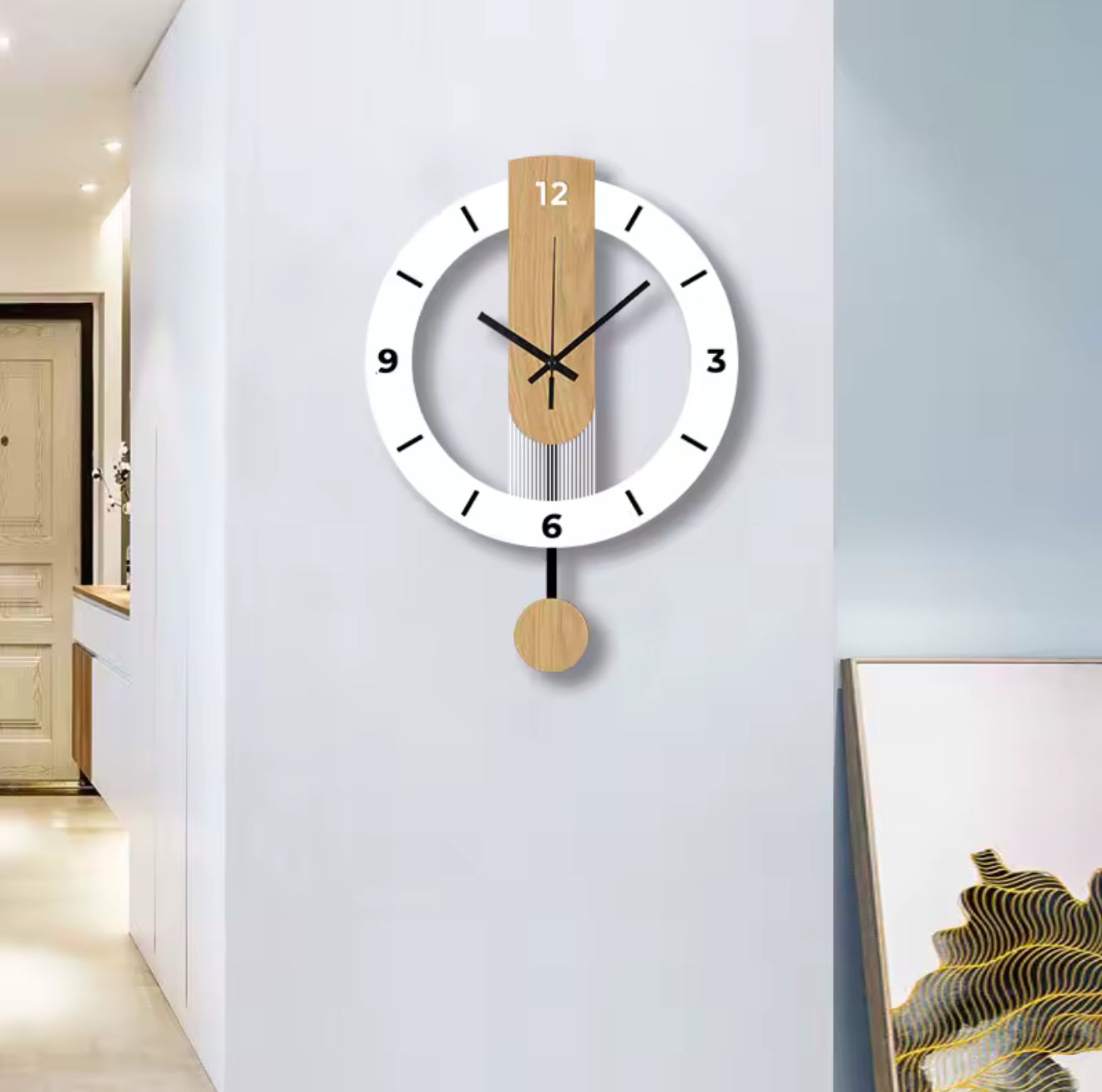 White Wood-Grain Acrylic Creative Pendulum Wall Clock