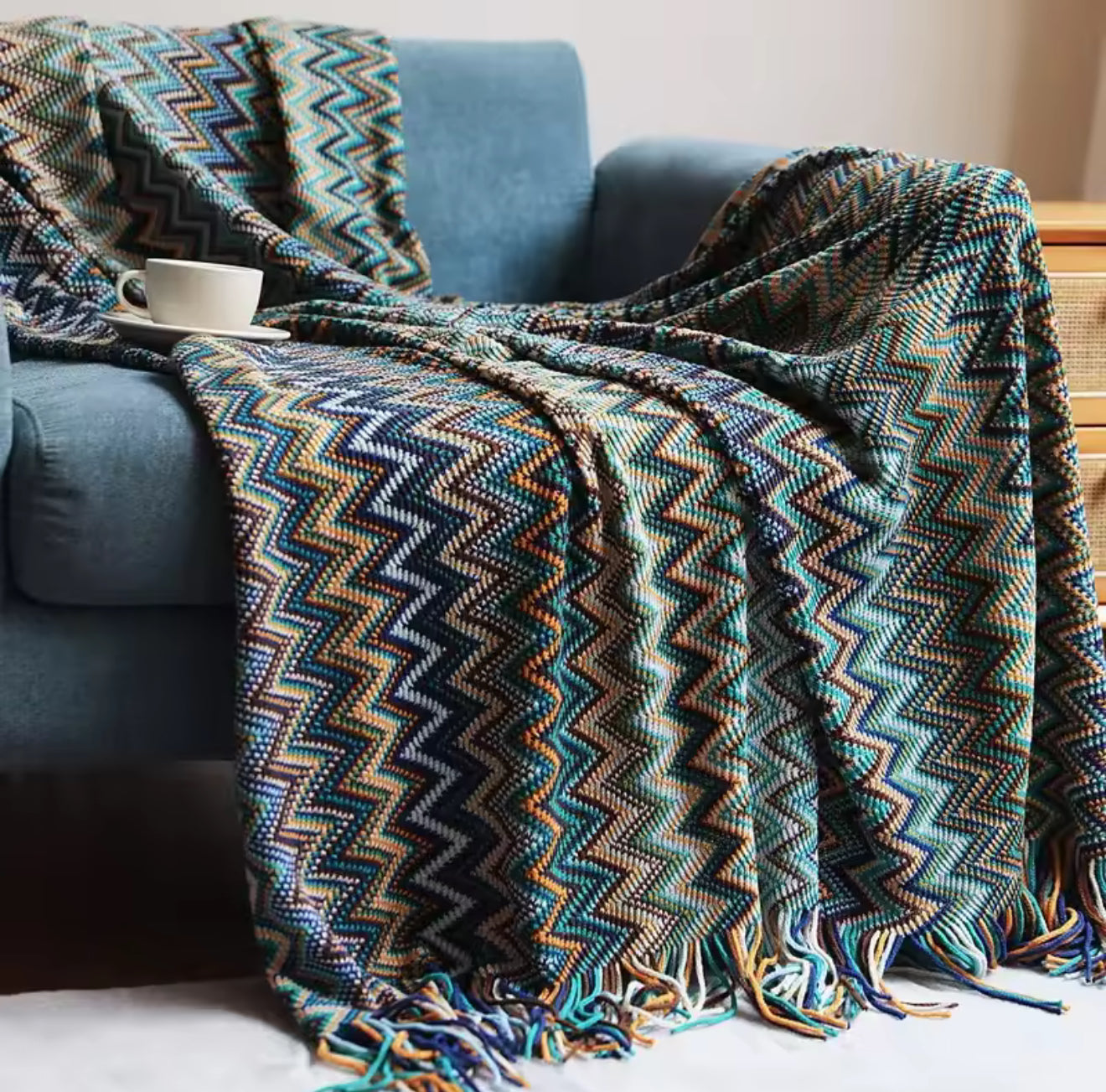Bohemian Rust-Red Knitted Throw Blanket with Tassels
