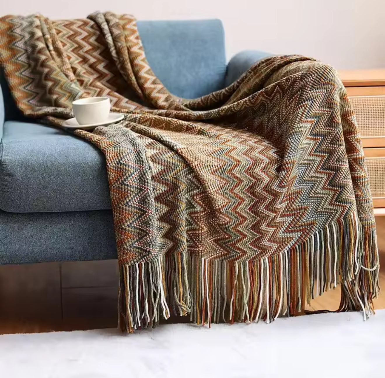 Bohemian Rust-Red Knitted Throw Blanket with Tassels