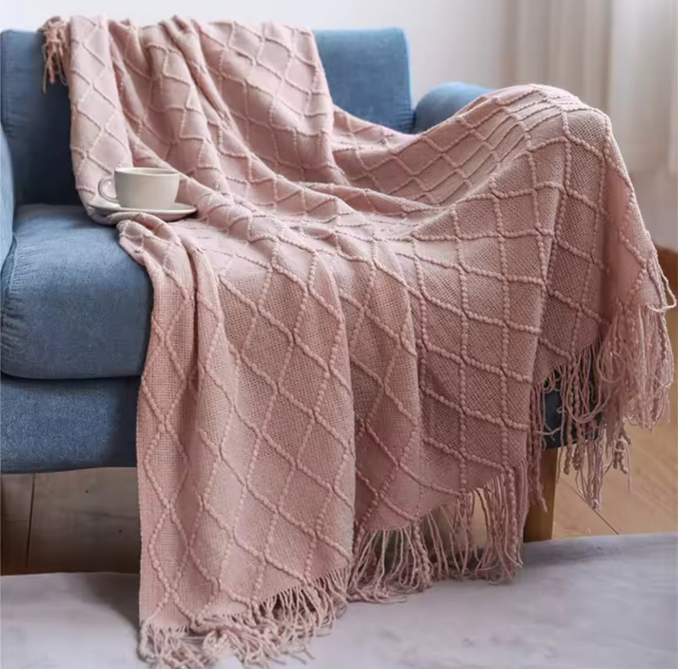 Luxury Vintage Knitted Throw Blanket with Tassel