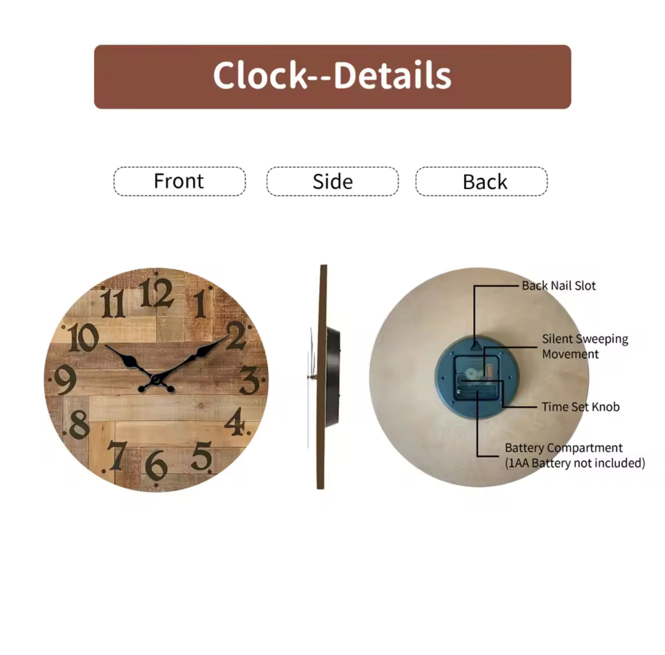 Vintage Brown Wood-Veneer Silent Wall Clock