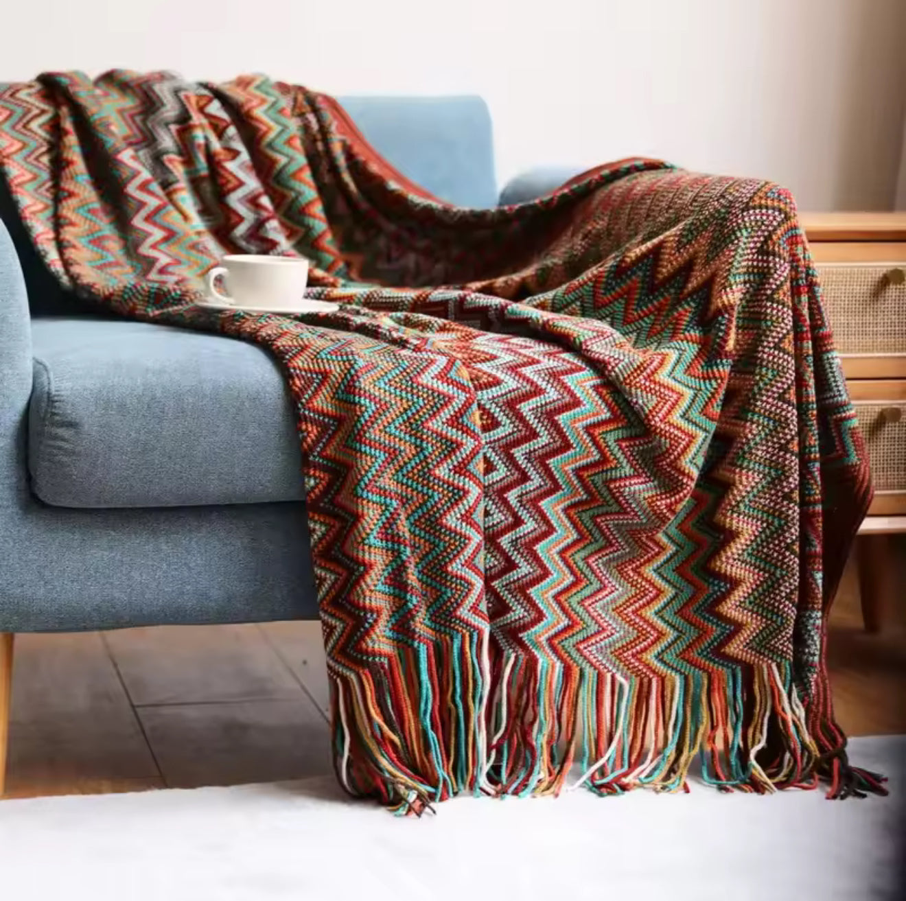 Bohemian Rust-Red Knitted Throw Blanket with Tassels