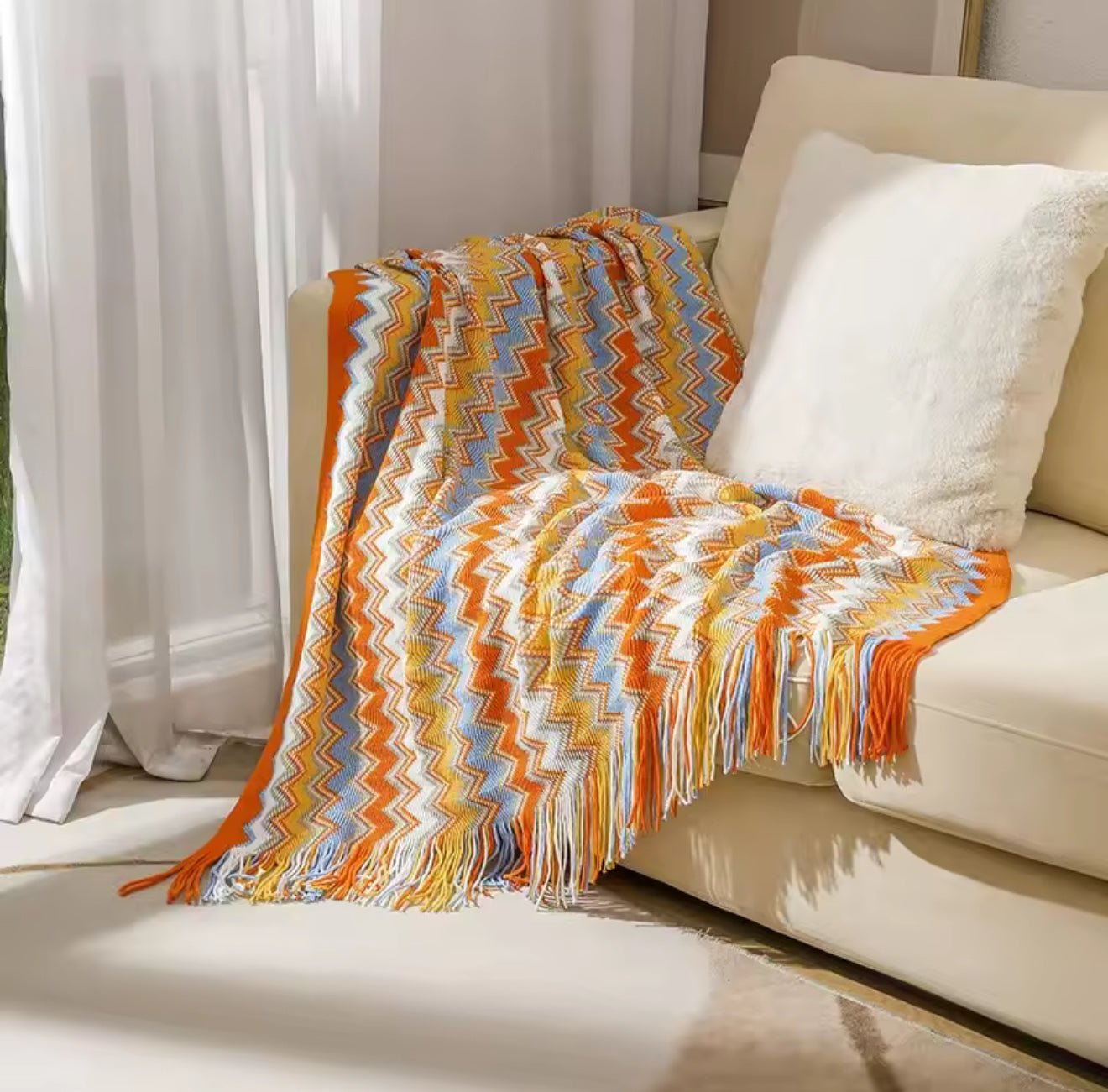 Bohemian Rust-Red Knitted Throw Blanket with Tassels