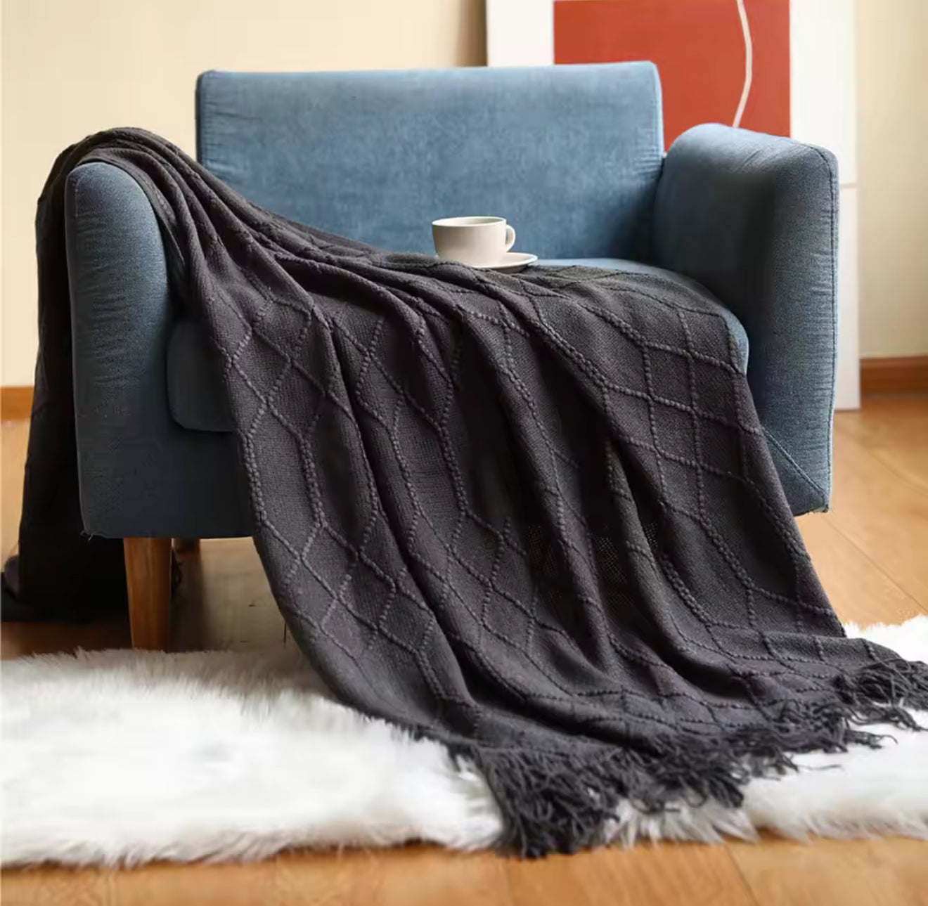 Luxury Vintage Knitted Throw Blanket with Tassel