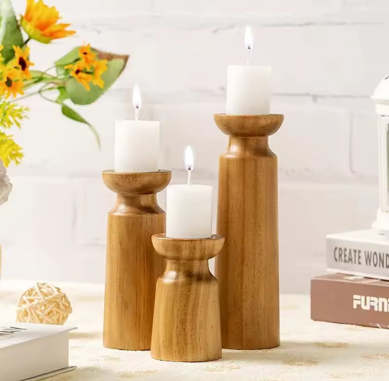 Set of 3 Natural Wooden Candle Holders