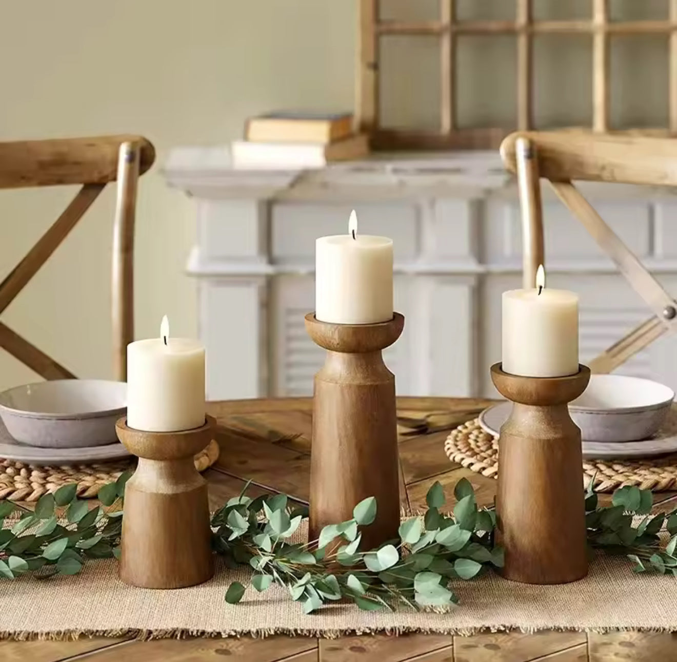 Set of 3 Natural Wooden Candle Holders