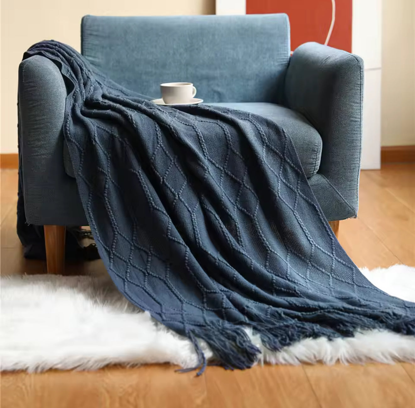 Luxury Vintage Knitted Throw Blanket with Tassel