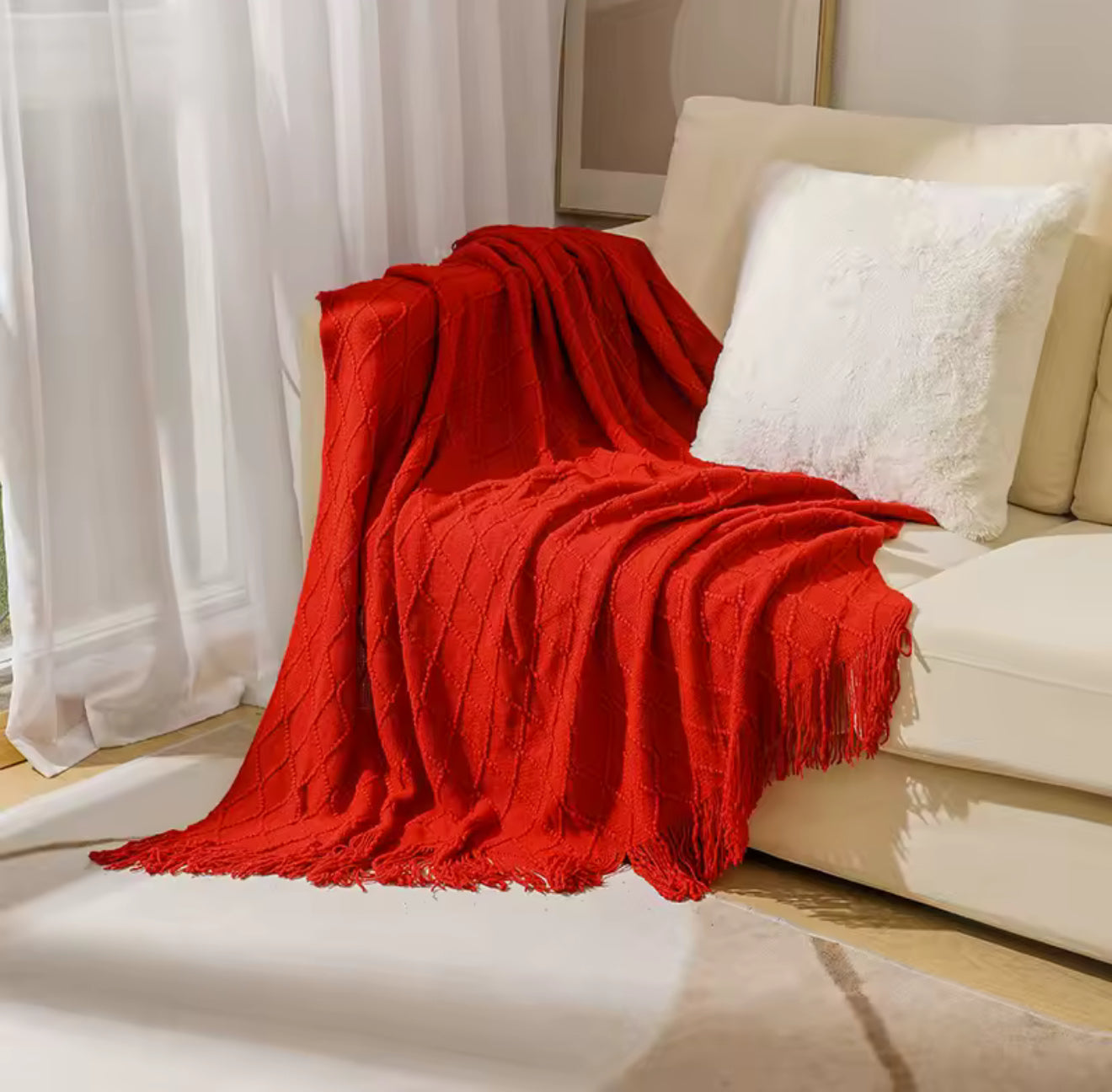 Luxury Vintage Knitted Throw Blanket with Tassel