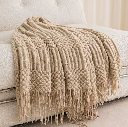 Nordic Knitted Throw Blanket with Tassels