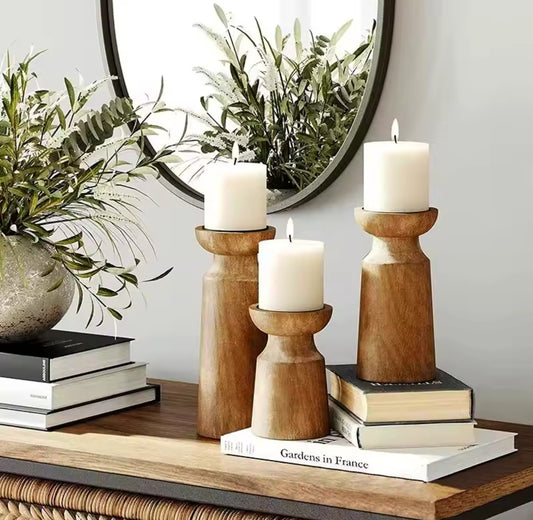 Set of 3 Natural Wooden Candle Holders