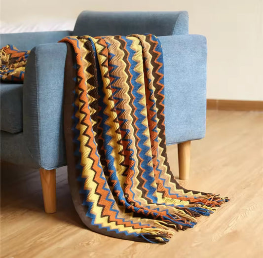 Bohemian Rust-Red Knitted Throw Blanket with Tassels